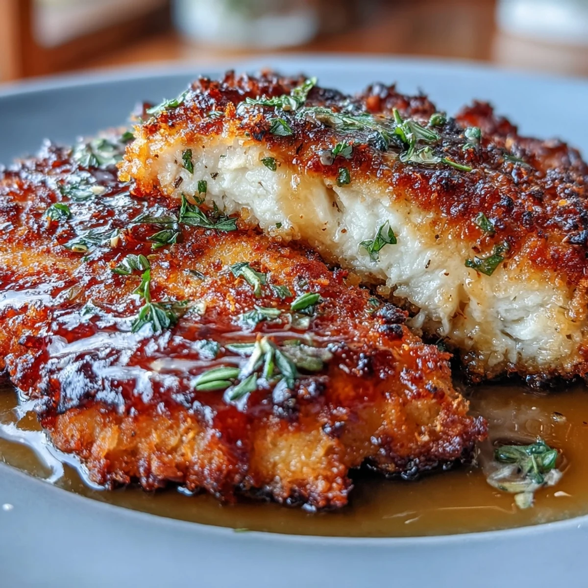 Golden, crispy Lemon Parmesan Crusted Chicken with Lemon Butter Sauce drizzled overtop, garnished with fresh parsley and lemon slices.