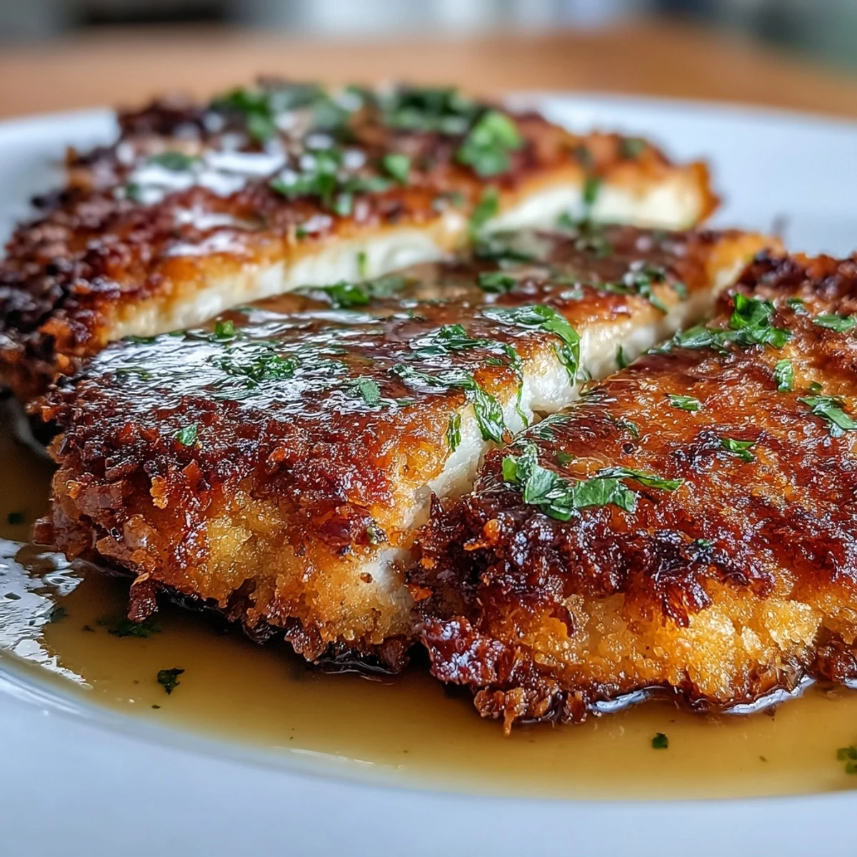 Four golden-brown Lemon Parmesan Crusted Chicken cutlets plated with lemon wedges and herbs, ready to serve with Lemon Butter Sauce.