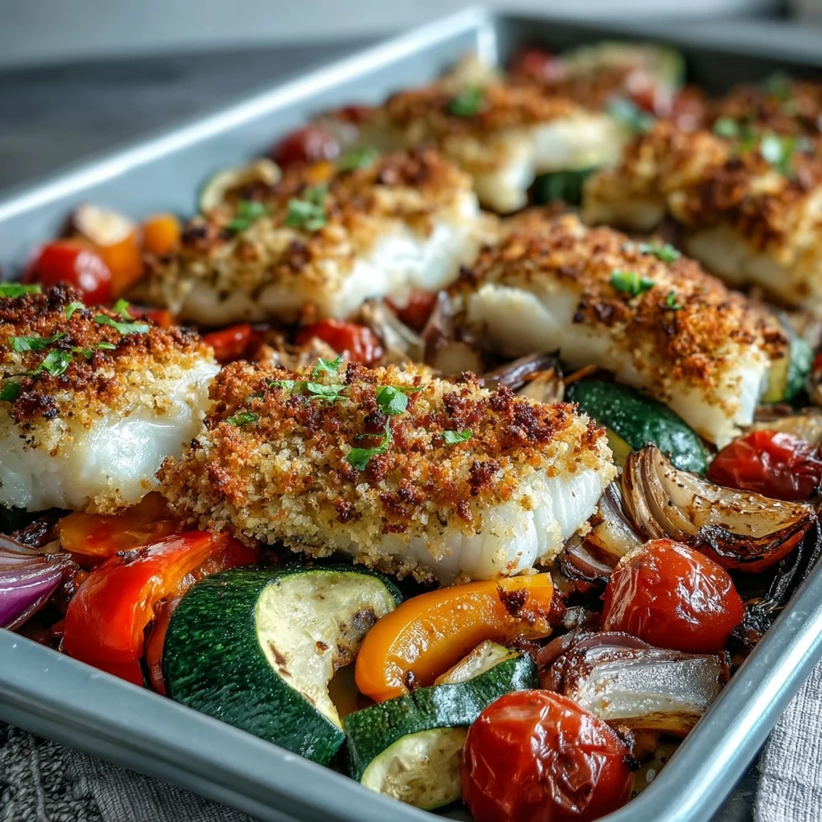 The crispy panko and cheese coating on this Parmesan Crusted Sheet Pan Fish & Veg adds a savory texture next to tender vegetables.