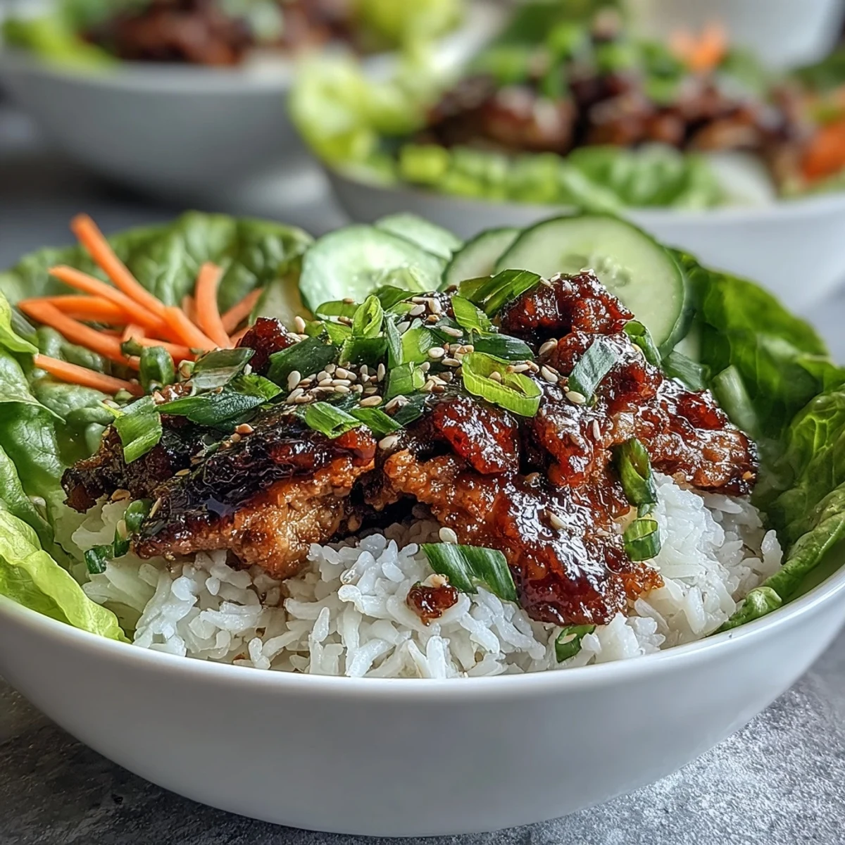 Freshly cooked Korean-inspired sesame turkey with crisp lettuce wraps, fluffy rice, and vibrant cucumber ribbons in a serving bowl.  