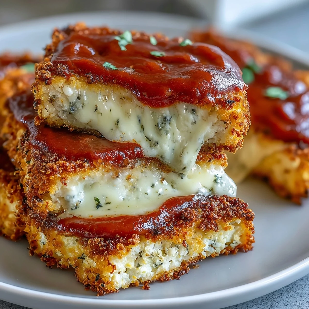 Crispy Tofu Chicken Parm Bakes with golden, cheesy crusted slices and bubbling marinara on a dinner plate.  