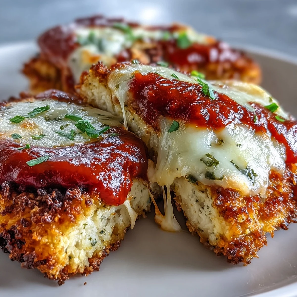 Golden-brown Crispy Tofu Chicken Parm Bakes topped with melted mozzarella, ready to serve with crusty Italian bread.