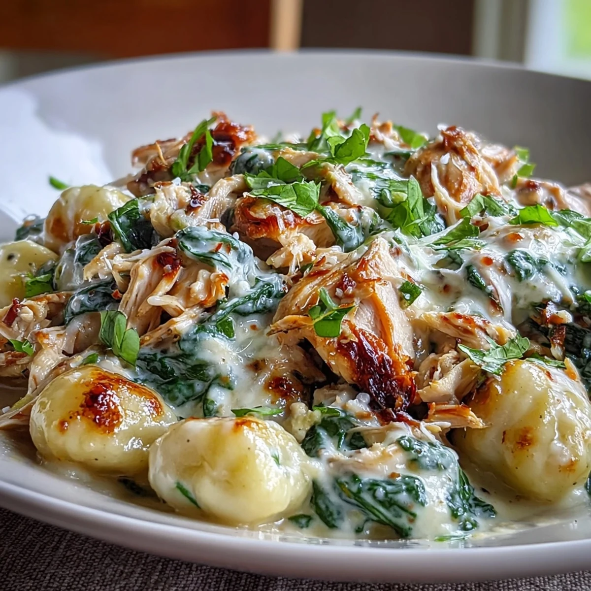 A close-up view of the Creamy Spinach & Parmesan Gnocchi with Chicken in a rustic skillet, garnished with extra cheese and pepper.  