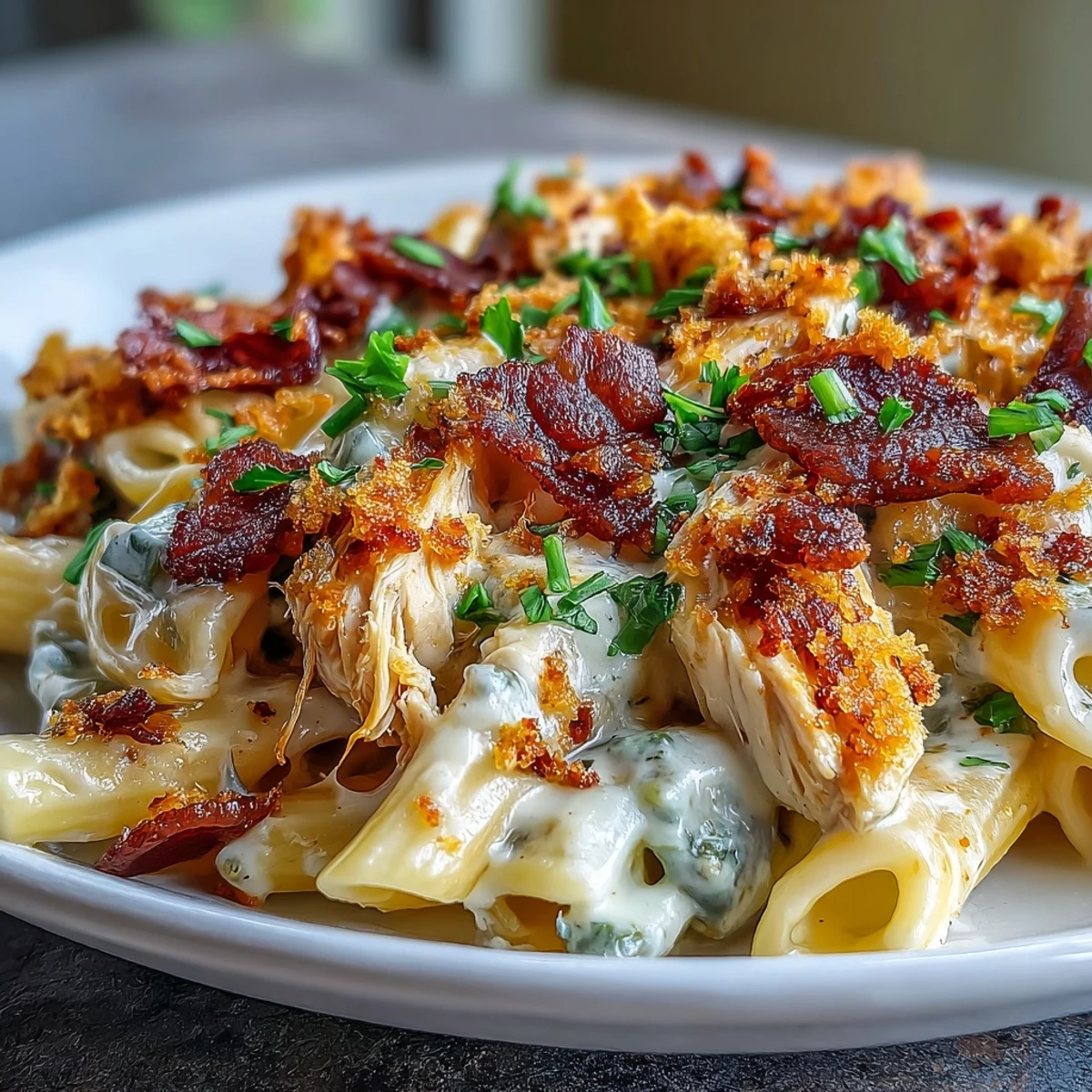 Creamy jalapeño popper chicken pasta with tender shredded chicken, crispy bacon, and a rich, cheesy cream sauce.