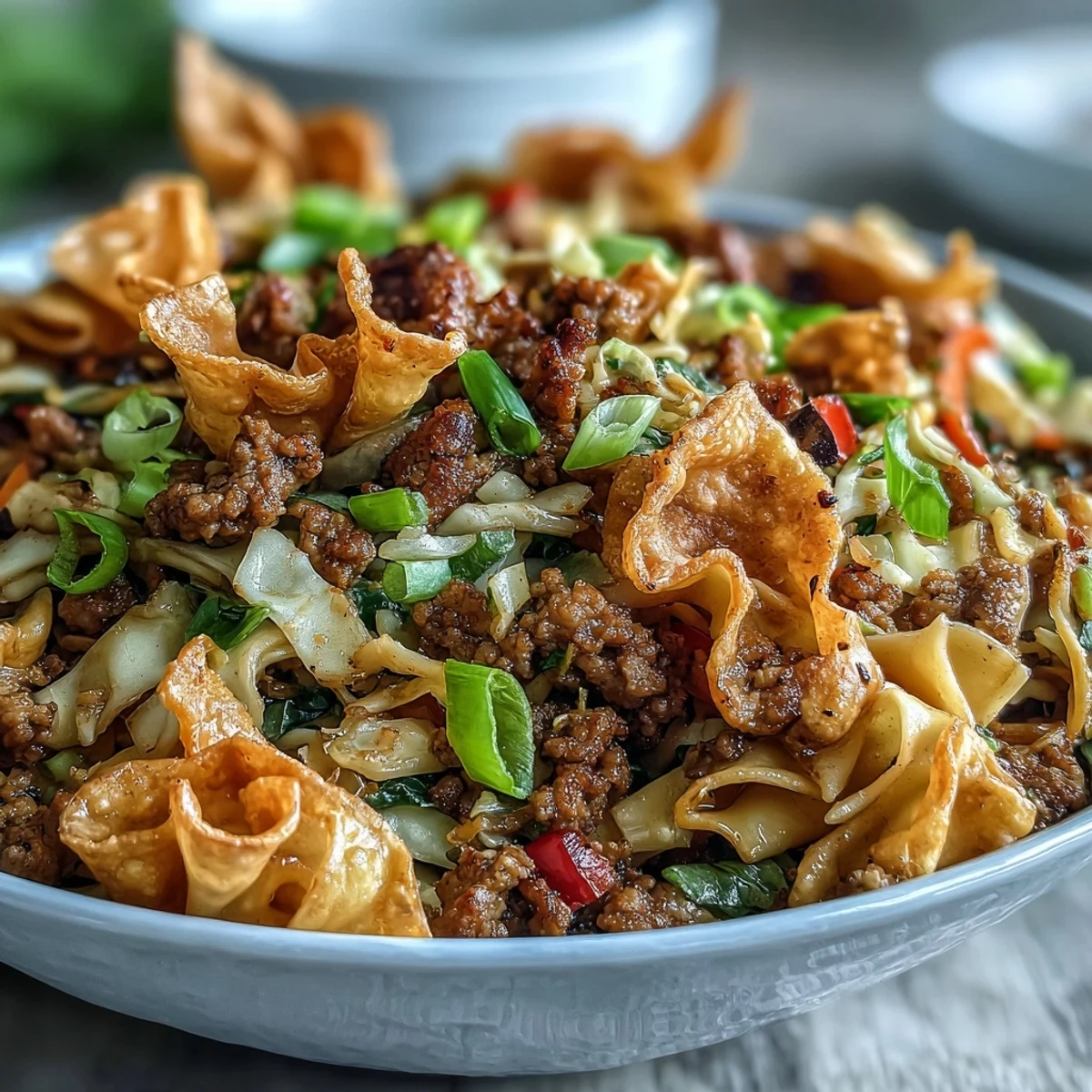 Hearty Ranch Turkey & Veggie Egg Roll Bowls served warm with a side of spicy sriracha dipping sauce.