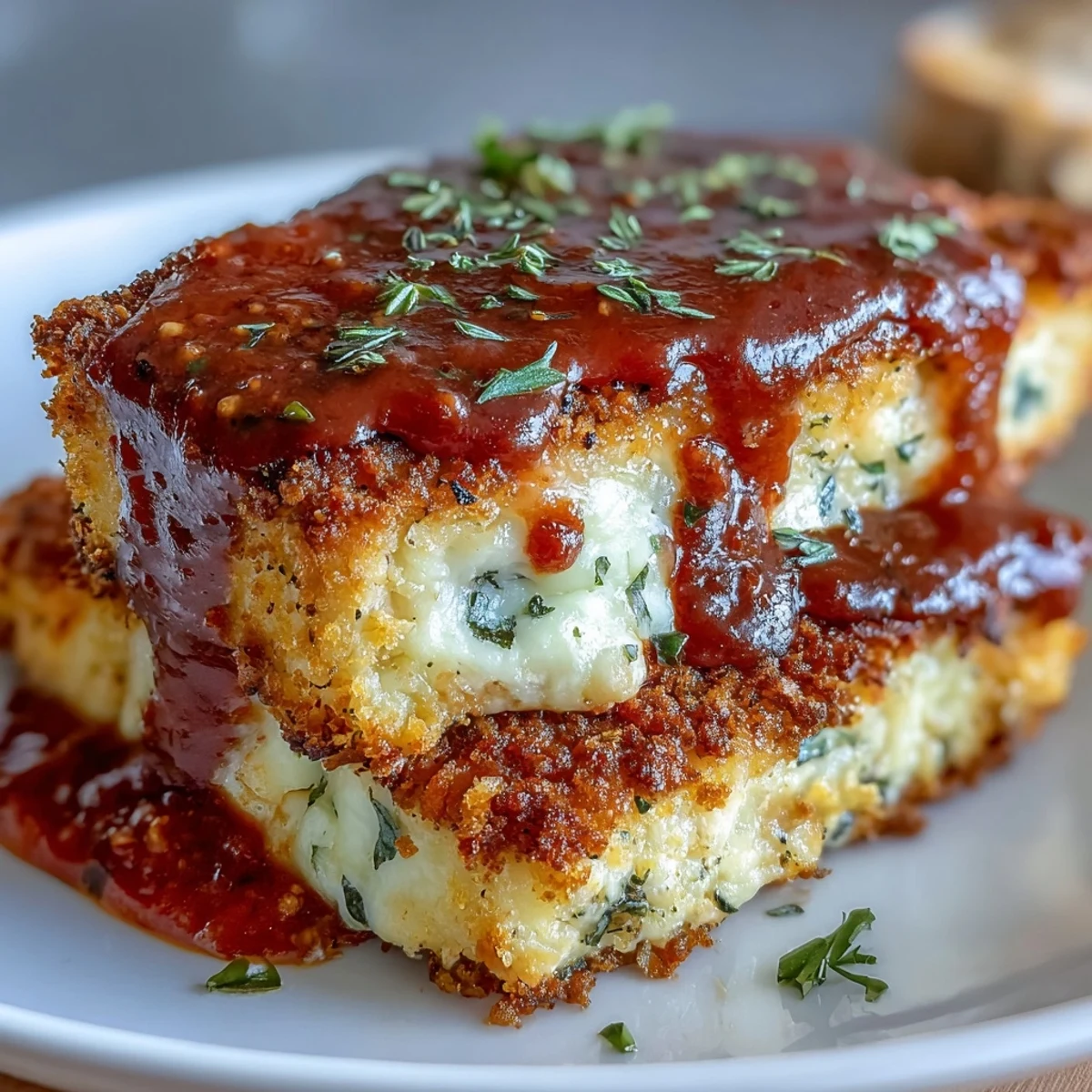 Sizzling Crispy Tofu Chicken Parm Bakes coming out of the oven with golden crumbs, rich red sauce, and gooey cheese.