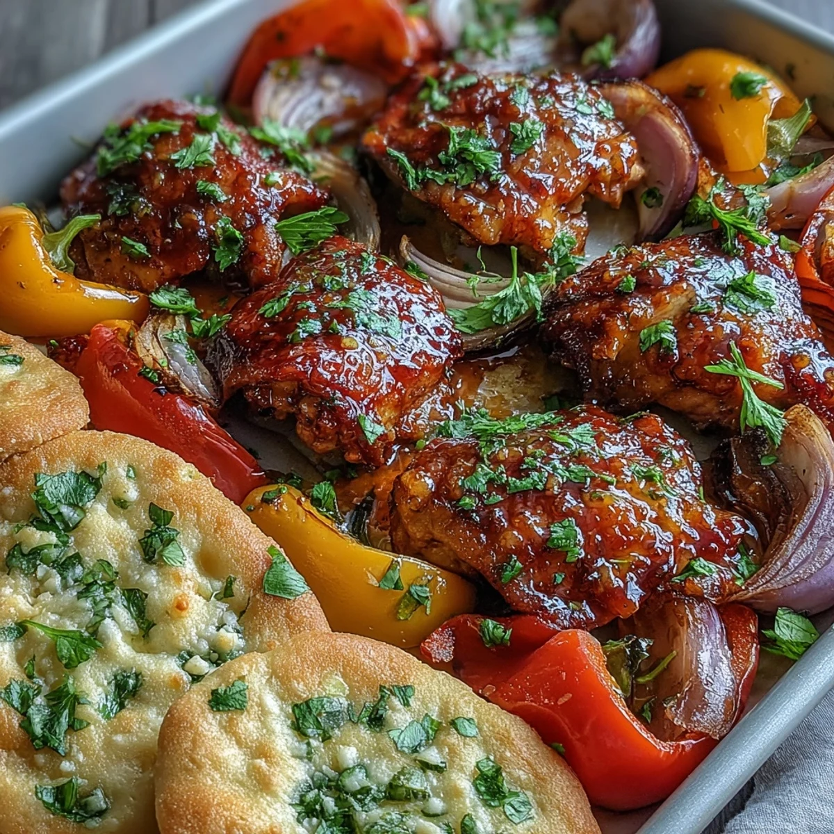 Golden-brown chicken glazed in honey garlic sauce, fresh from the oven alongside warm naan and roasted peppers for weeknight cooking.