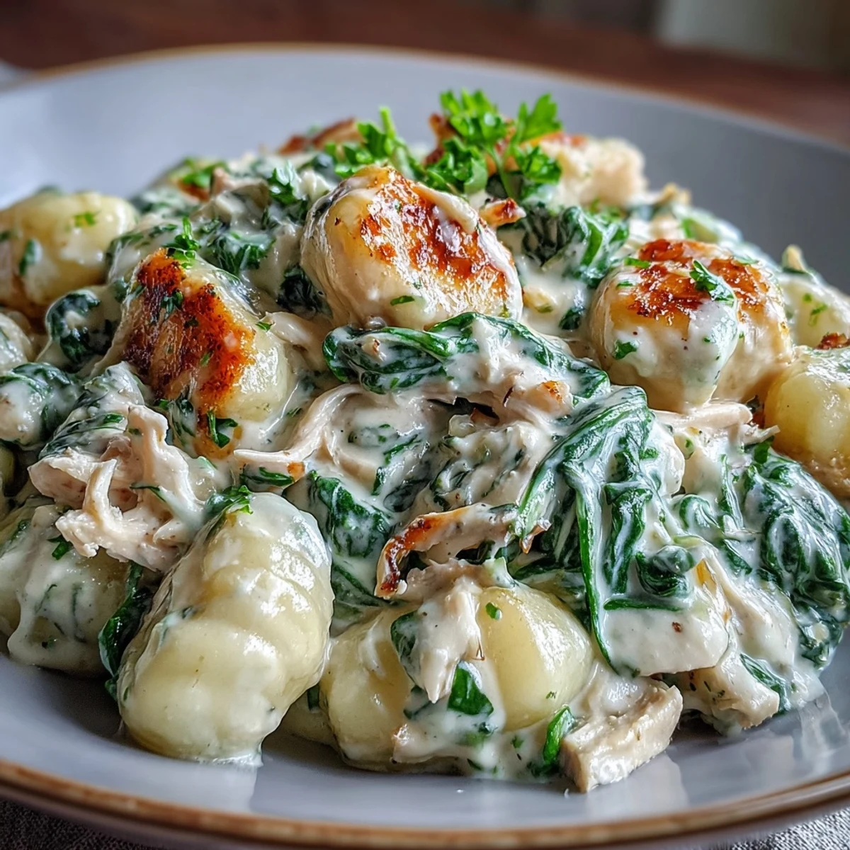 Creamy Spinach & Parmesan Gnocchi with Chicken served hot and steaming in a white bowl, garnished with fresh parsley.