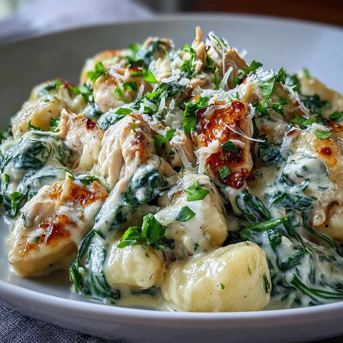 Close-up of Creamy Spinach & Parmesan Gnocchi with Chicken featuring wilted greens and melted cheese, perfect for weeknight dinner.