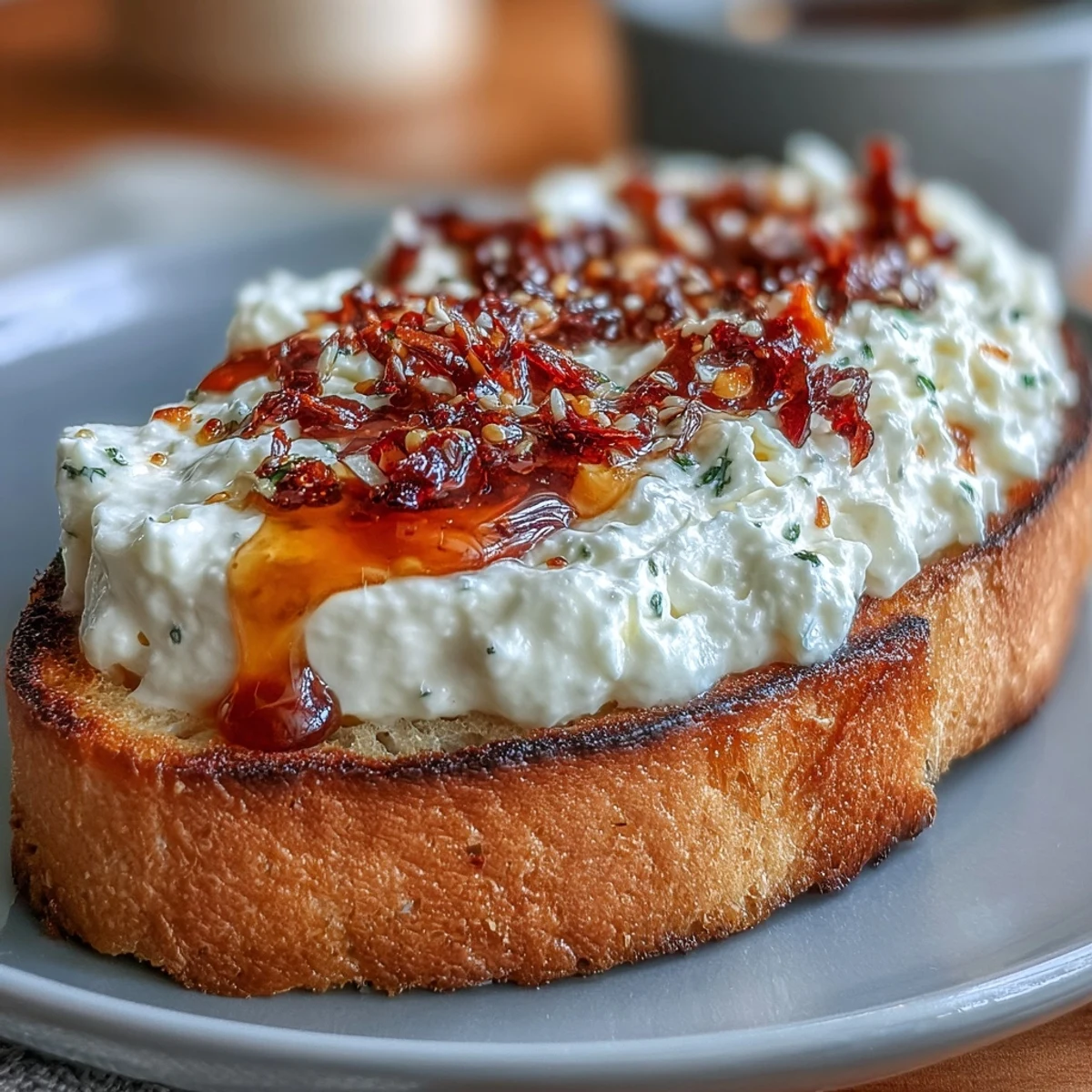 Golden toasted baguette slices piled with creamy whipped ricotta, drizzled with spicy hot honey, and topped with crunchy chili.