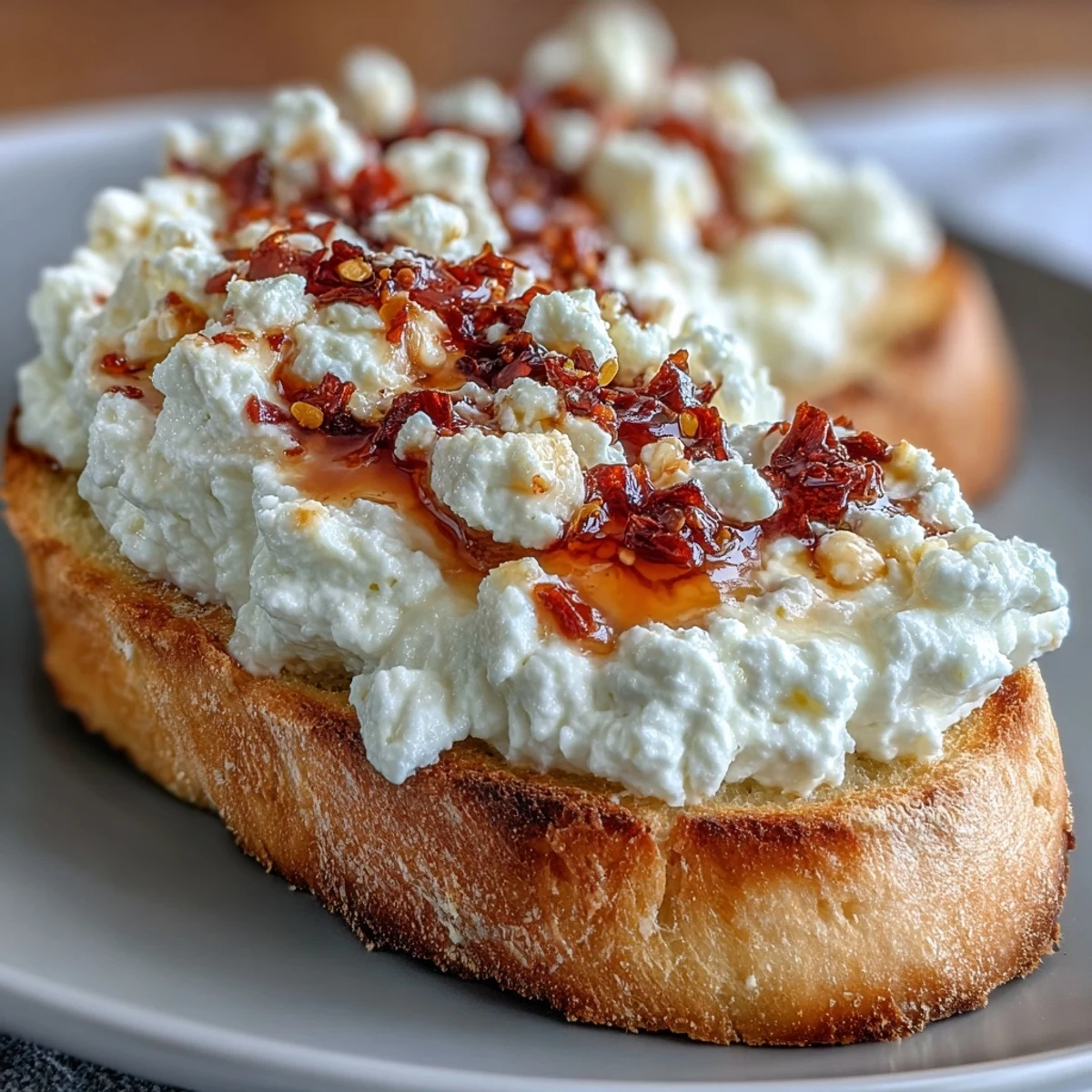Easy Italian-American recipe featuring crisp bread, smooth ricotta, and vibrant chili crunch toppings for a sweet and spicy bite.