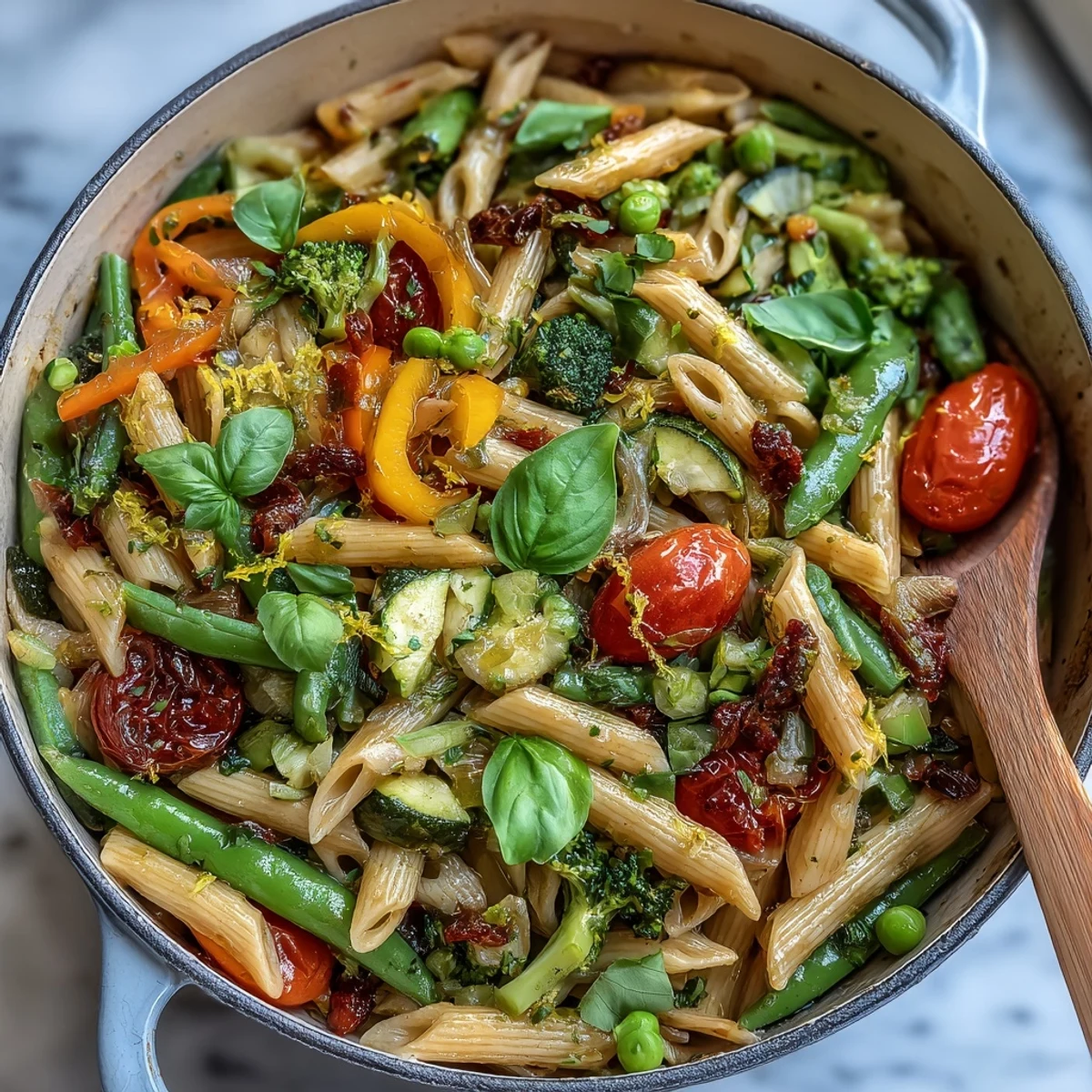 Steam gently rises from a freshly cooked Vegan One-Pot Pasta Primavera with Lemon and Basil, revealing a hearty bowl of penne, snap peas, and zucchini tossed with bright basil leaves and olive oil, perfect for a quick weeknight dinner.