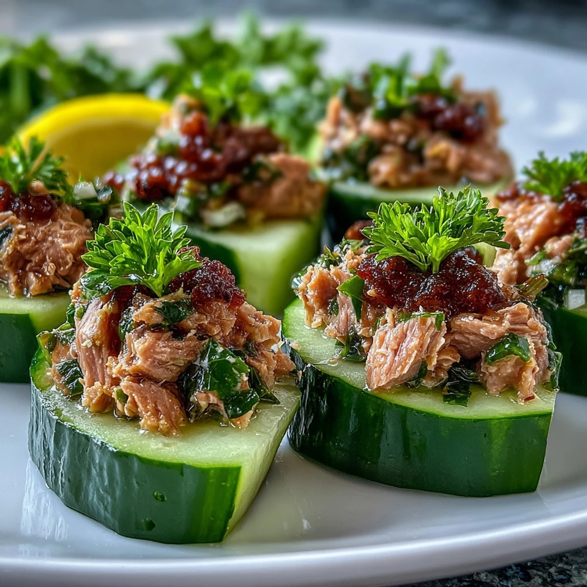 Freshly made 10-Minute Tuna Avocado Cucumber Boats filled with zesty tuna and creamy avocado.