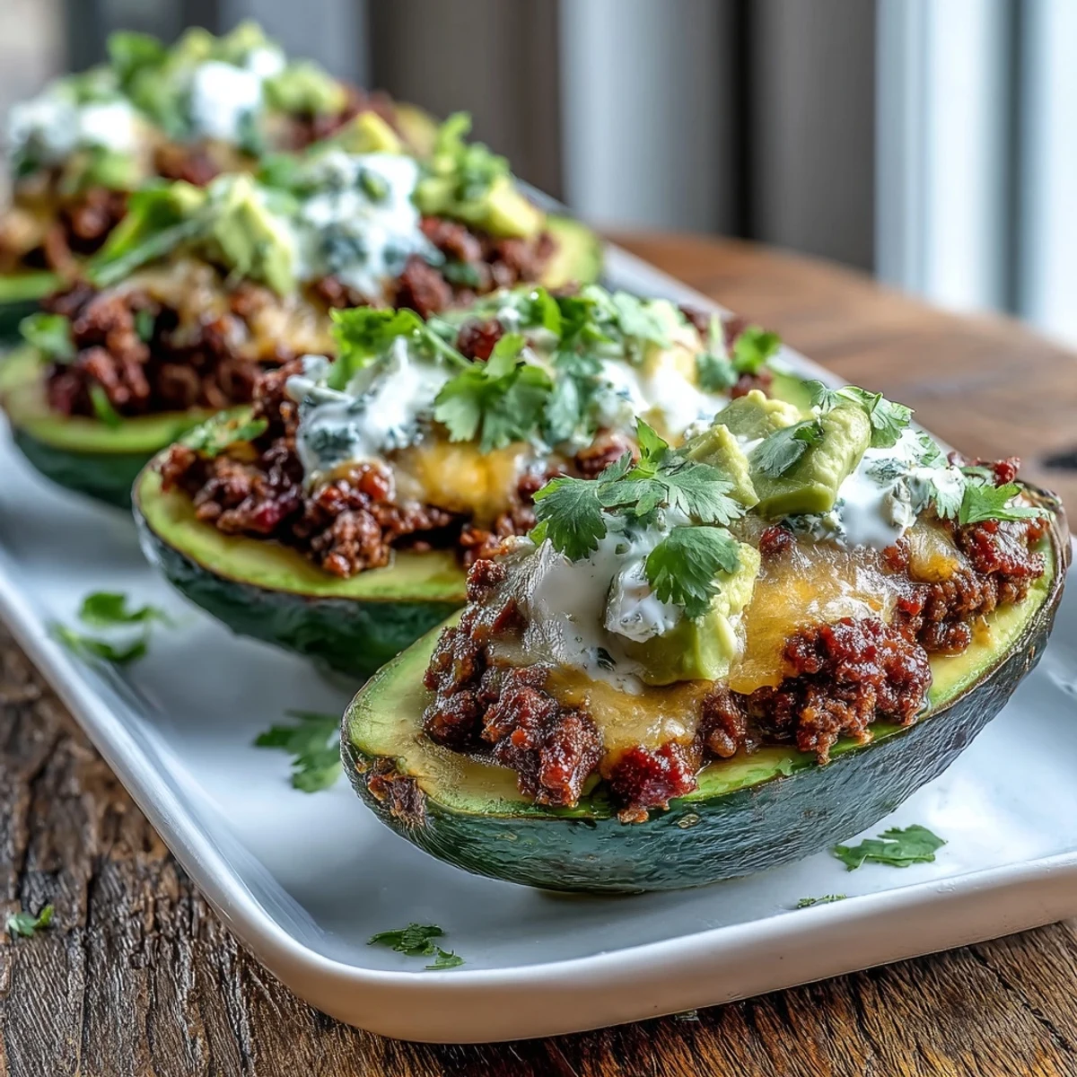 Freshly made Keto Taco Stuffed Avocados, filled with seasoned ground beef, diced tomato salsa, and topped with melted cheddar and sour cream.