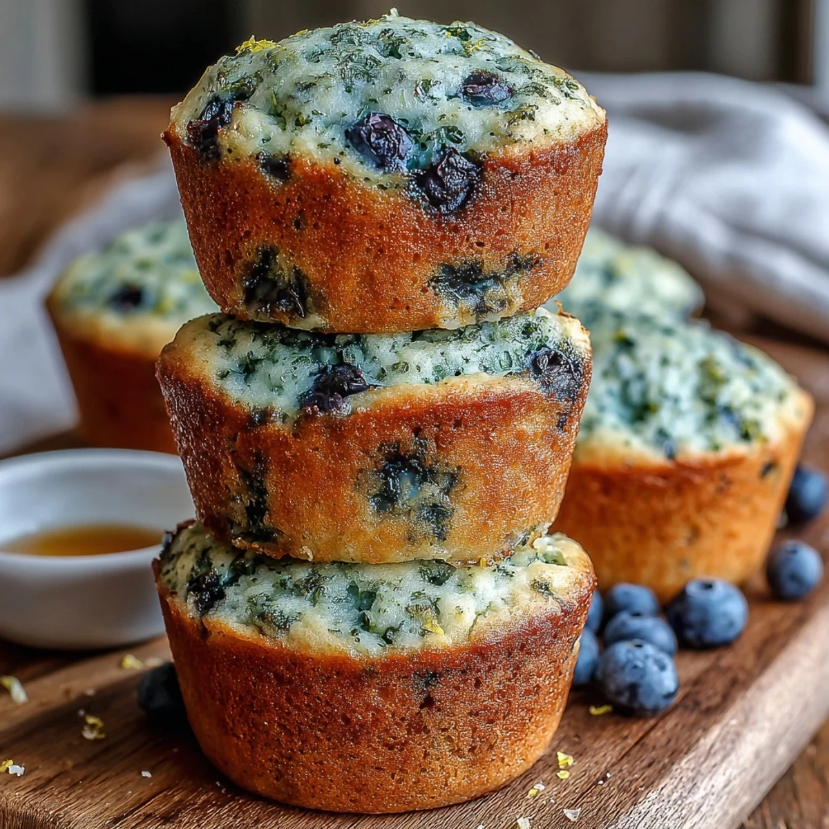A single Vegan Blueberry Lemon Protein Muffin broken open to reveal a fluffy interior and plump blueberries.