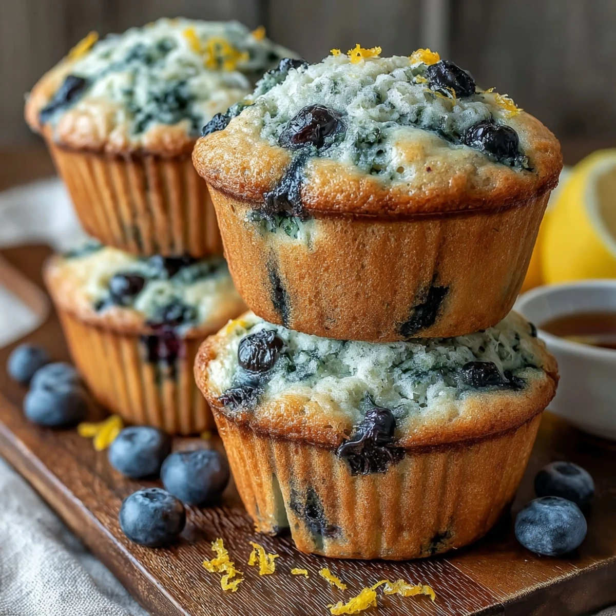 Close-up of Vegan Blueberry Lemon Protein Muffins showing lemon zest flecks and juicy blueberries glistening on top.