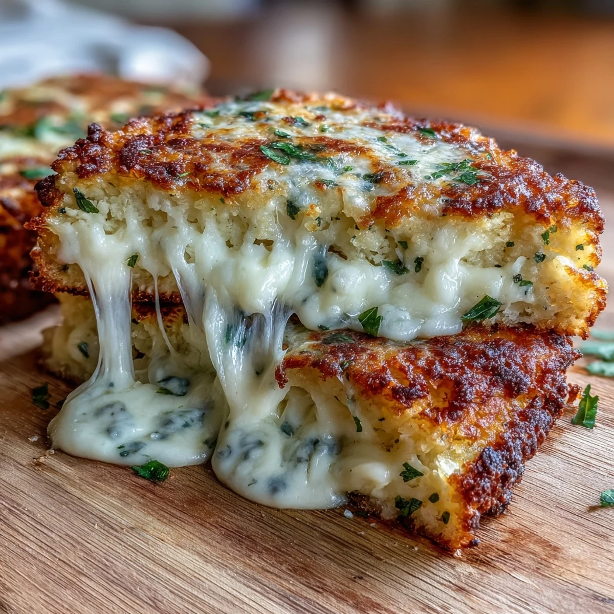 A close-up of a buttery, crispy keto grilled cheese made with cauliflower bread slices.