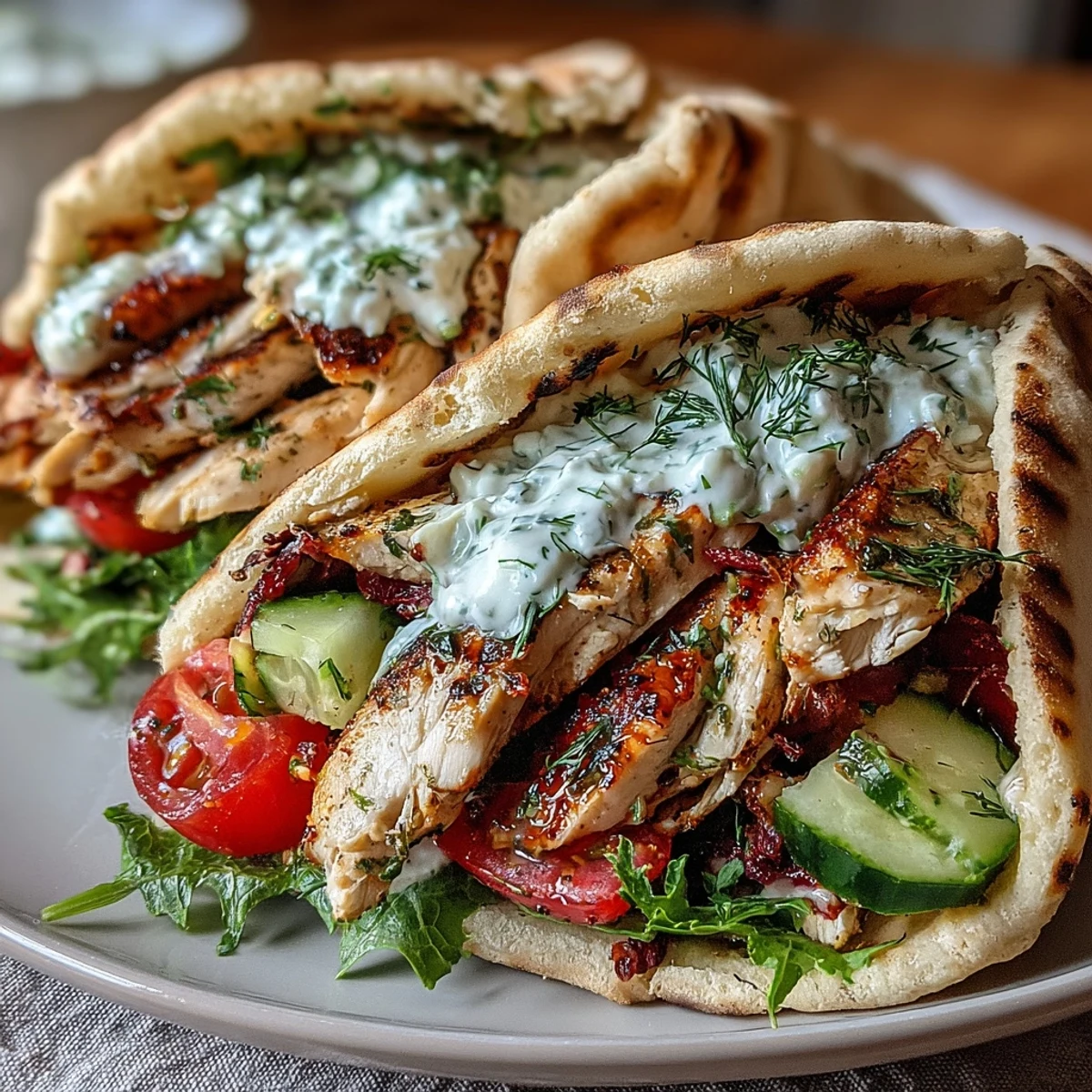 Tender grilled chicken, fresh salad, and creamy sauce packed inside warm pita pockets of this Light Greek Chicken Pita Pockets.