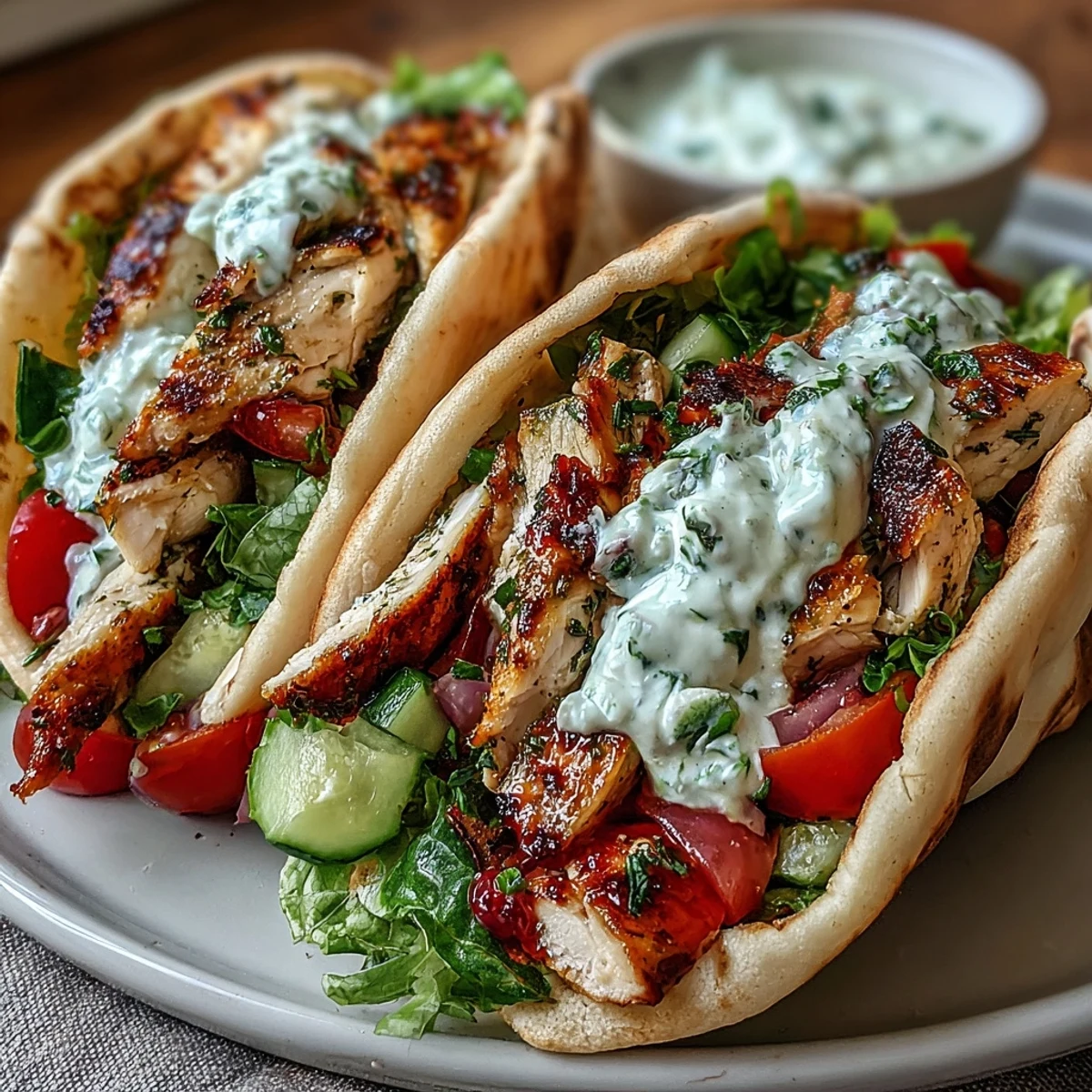 A close look at a Greek-style pita overflowing with juicy chicken, diced cucumbers, and a dollop of sauce for Light Greek Chicken Pita Pockets.