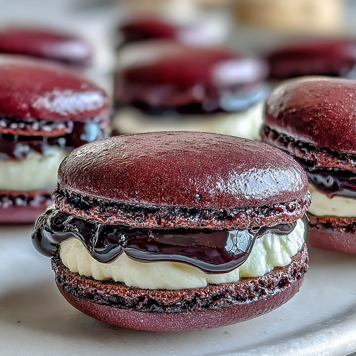 Elegant black currant macarons with a glossy, deep purple filling and delicate almond shells, perfect for a sophisticated dessert platter.