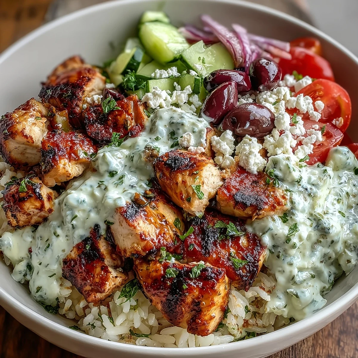 Fresh Mediterranean-inspired chicken souvlaki bowl topped with diced cucumbers, tomatoes, olives, feta, and homemade tzatziki.  