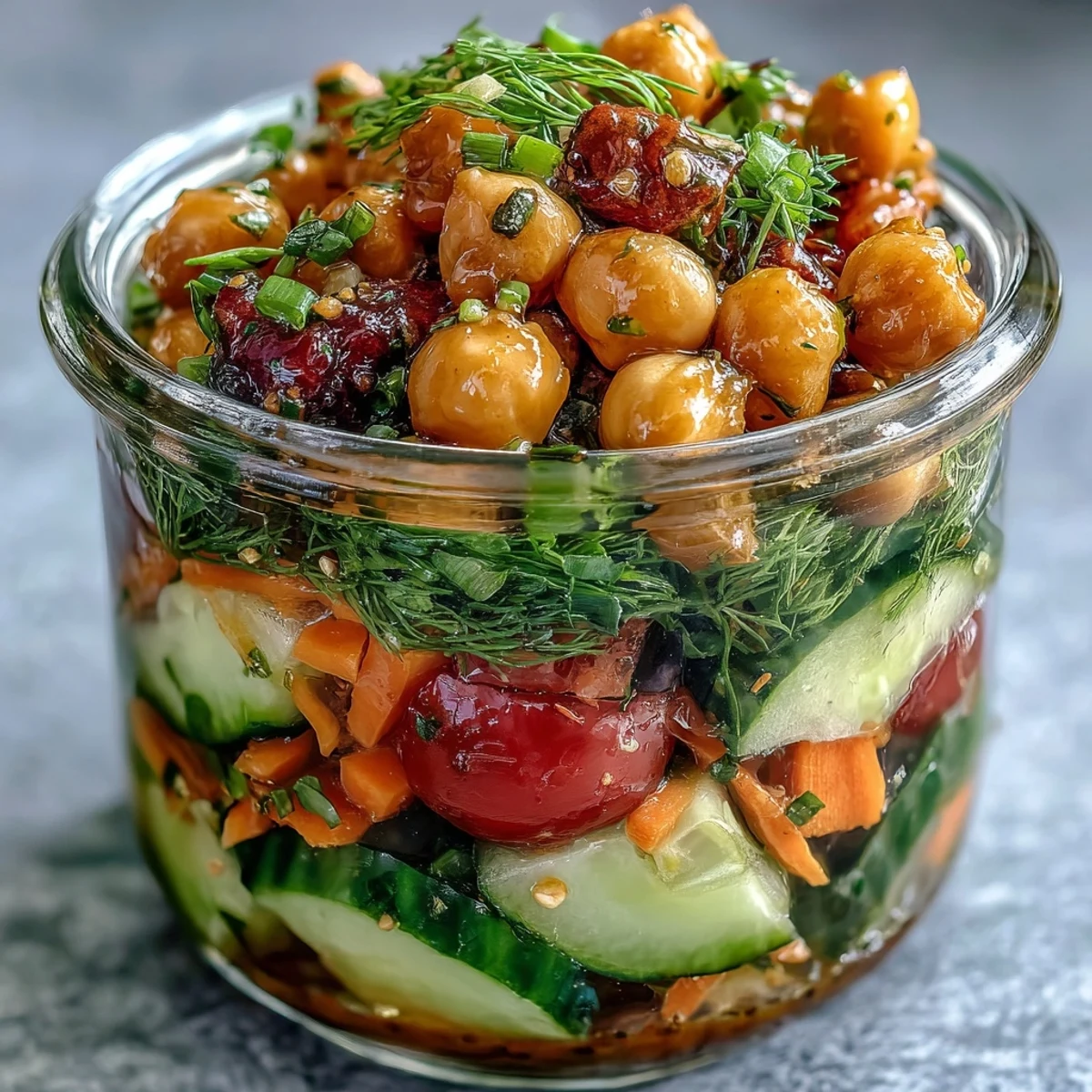 Citrus Herb Chickpea Cucumber Salad Jars filled with vibrant vegetables and zesty citrus dressing in clear mason jars.  