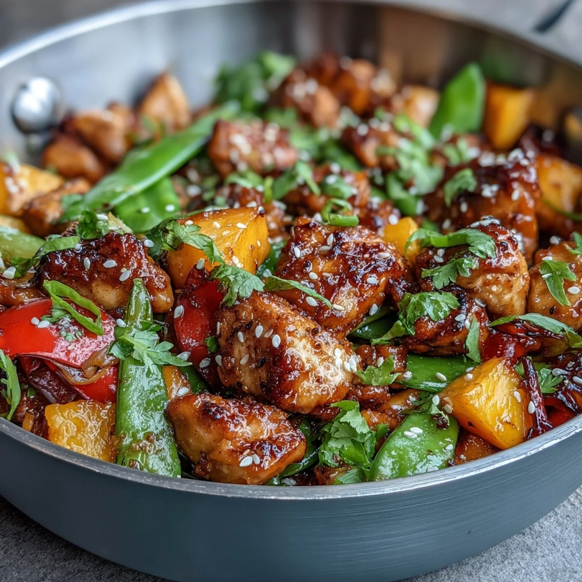 Colorful Mango Turmeric Chicken Stir-Fry with snap peas and peppers in a vibrant, golden sauce, served in a steaming wok.