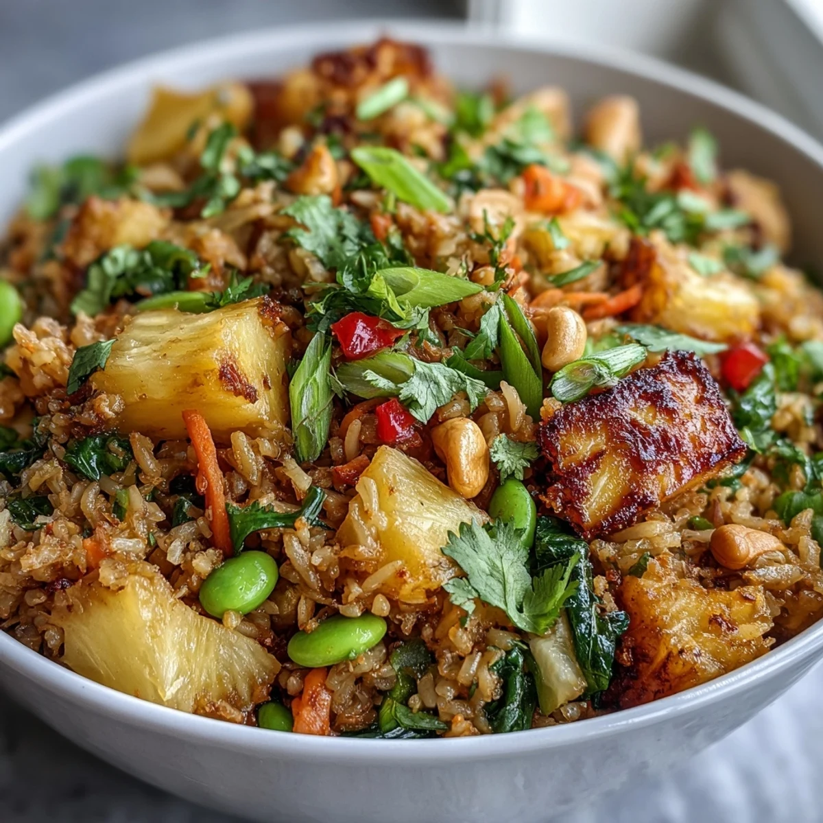 Aromatic vegan pineapple fried rice featuring tender cauliflower rice, juicy pineapple chunks, and protein-rich edamame for a satisfying Asian-inspired meal.