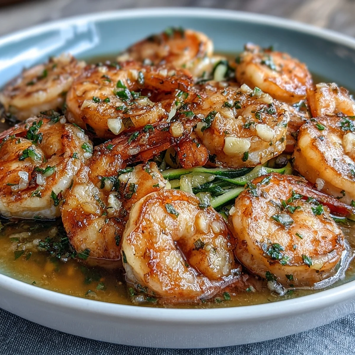 Keto Garlic Butter Shrimp over Zucchini Noodles with tender shrimp in a rich garlic butter sauce, served over fresh spiralized zucchini for a low-carb dinner.