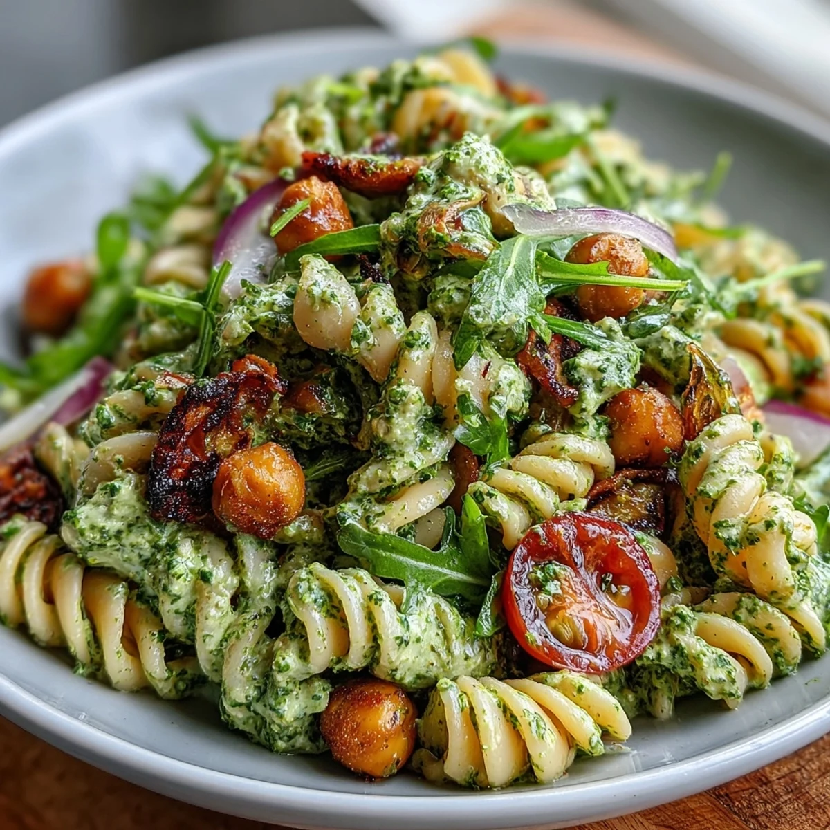 A vibrant vegan pasta salad with creamy pesto, chickpeas, arugula, and cherry tomatoes—perfect for a protein-rich lunch.