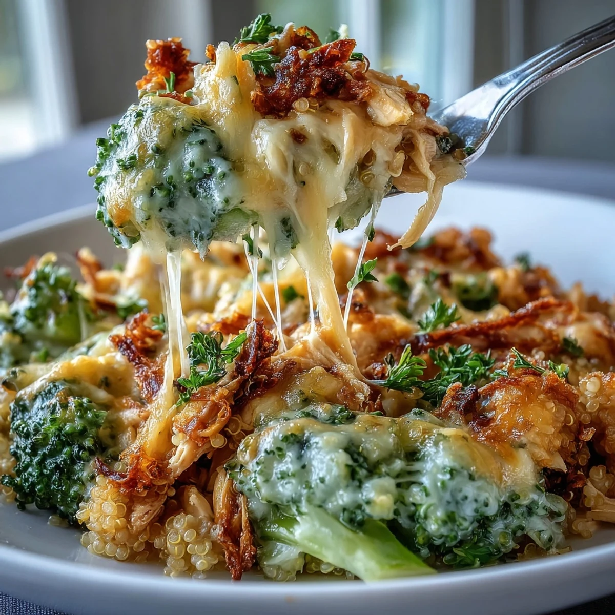 Wholesome broccoli quinoa casserole with tender chicken, creamy cheese, and vibrant steamed broccoli baked to golden perfection.