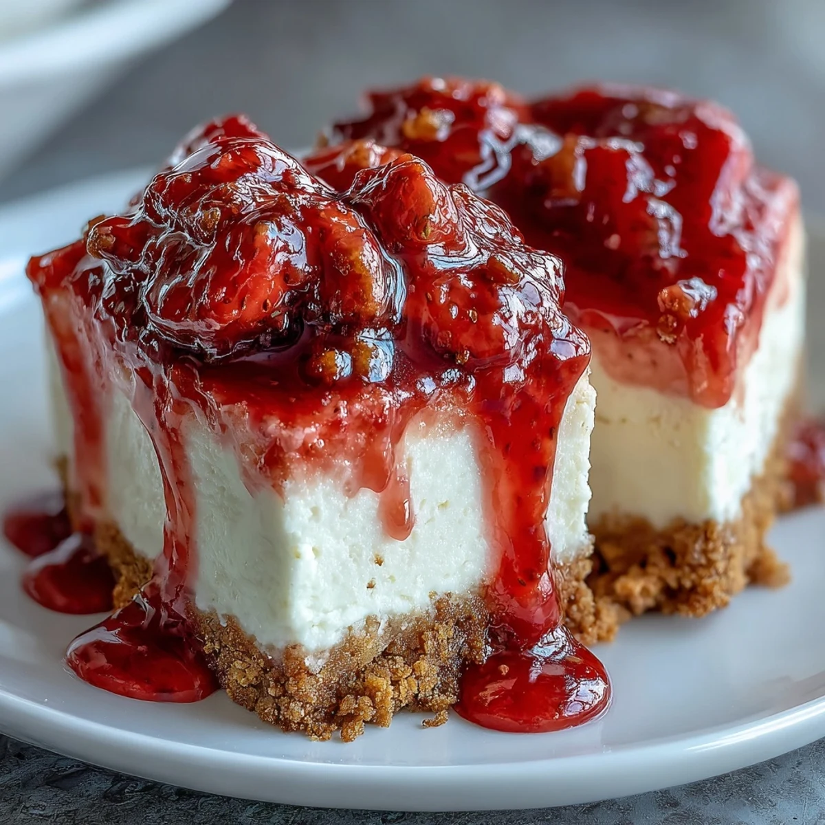 High-protein strawberry cheesecake bites topped with vibrant strawberry sauce in a muffin tin, perfect for a healthy dessert.