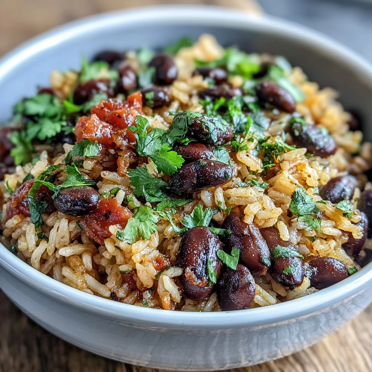 Hearty Spanish rice and beans with tender brown rice, savory black beans, and smoky spices in a vibrant tomato broth.  