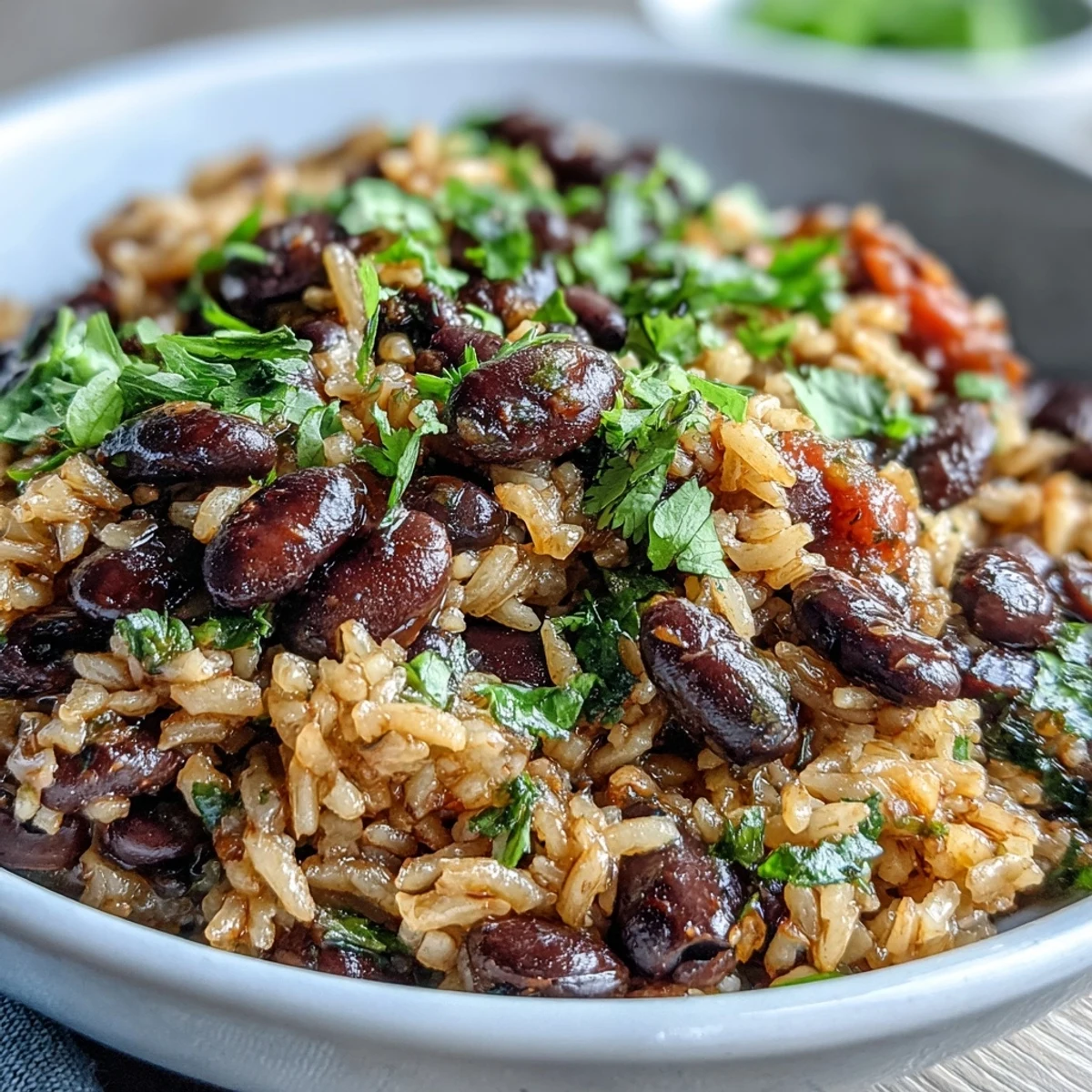 Spanish rice and beans garnished with fresh cilantro, showcasing colorful vegetables and aromatic spices in a satisfying plant-based meal.