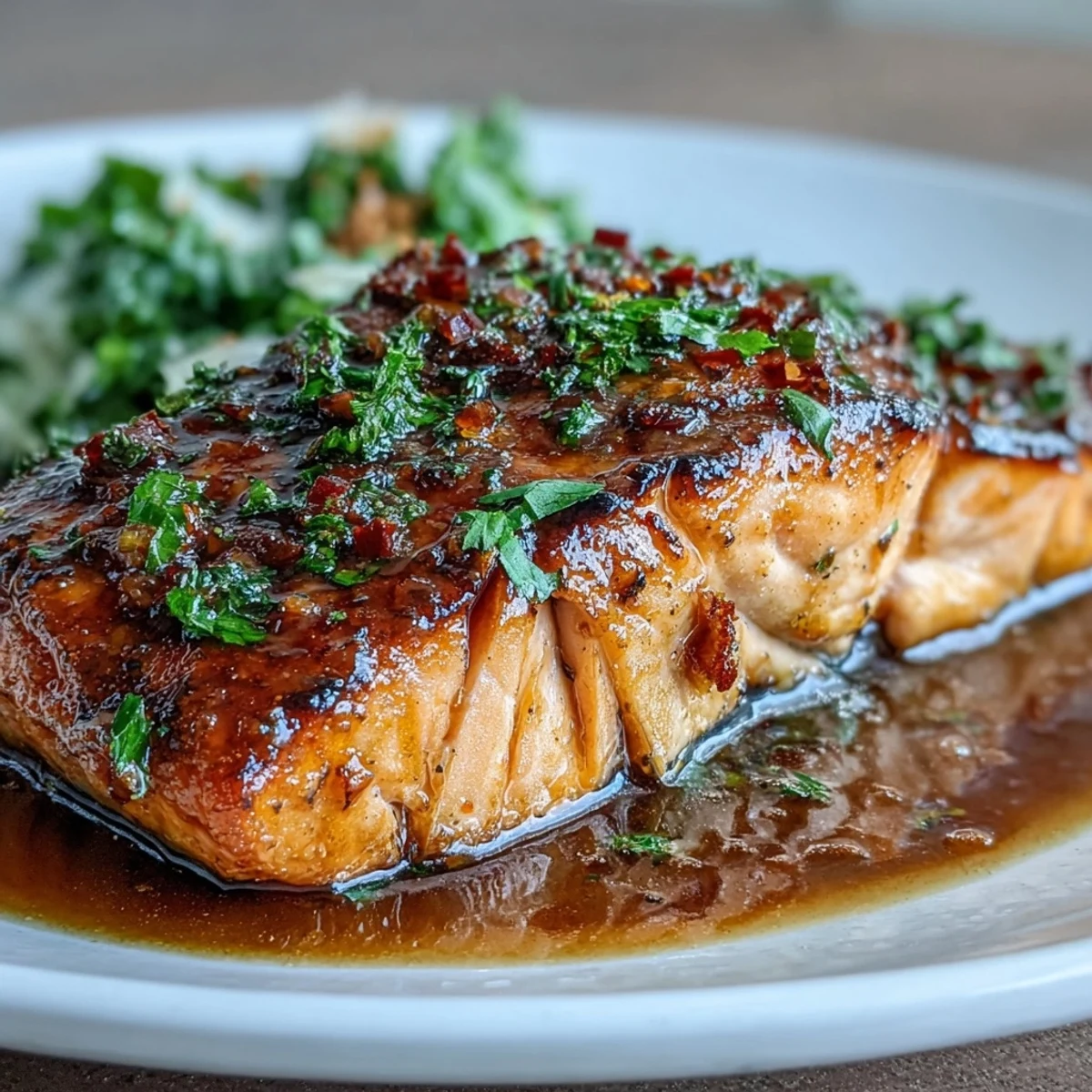 Oven-baked salmon with sweet and tangy honey soy glaze, served with lemon wedges and fresh herbs.