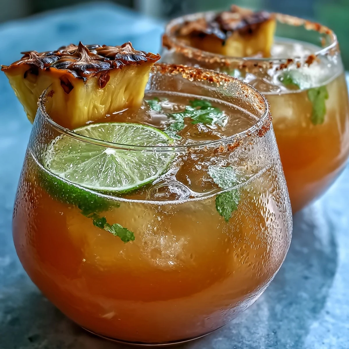 Non-alcoholic Pineapple Margarita Mocktail with ice cubes, garnished with citrus and tropical fruit slices.