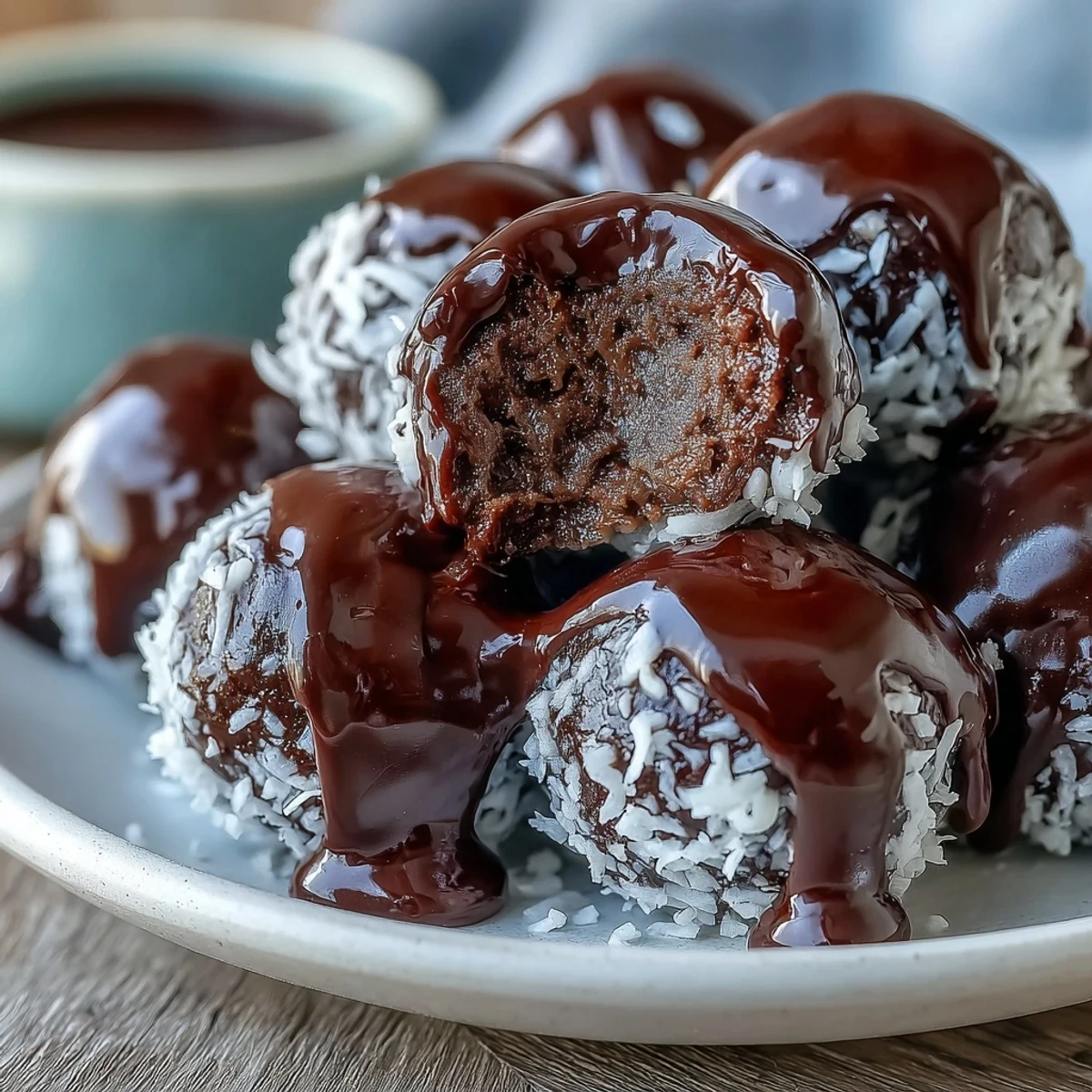Hand holding a healthy chocolate coconut bite, revealing the smooth chocolate shell and moist coconut center against a bright kitchen backdrop.