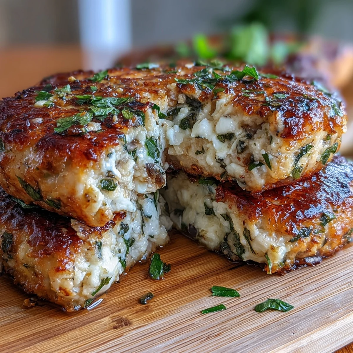 Juicy Mediterranean chicken patties packed with feta, olives, and tomatoes, served with crisp cucumber slices and a sprinkle of parsley.