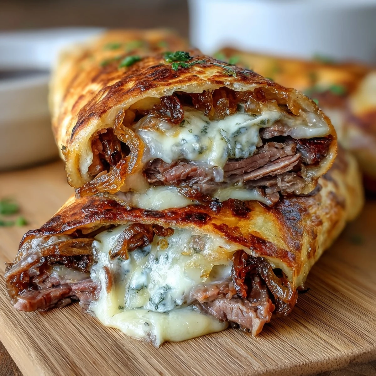 Crispy French Dip tortilla roll ups filled with roast beef, melted provolone, and fried onions, served with warm au jus for dipping.