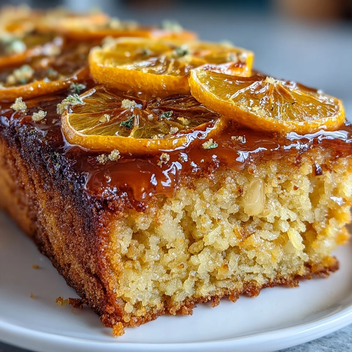 A moist and fragrant candied orange olive oil cake with almond flour, topped with glistening citrus slices and dusted with powdered sugar.