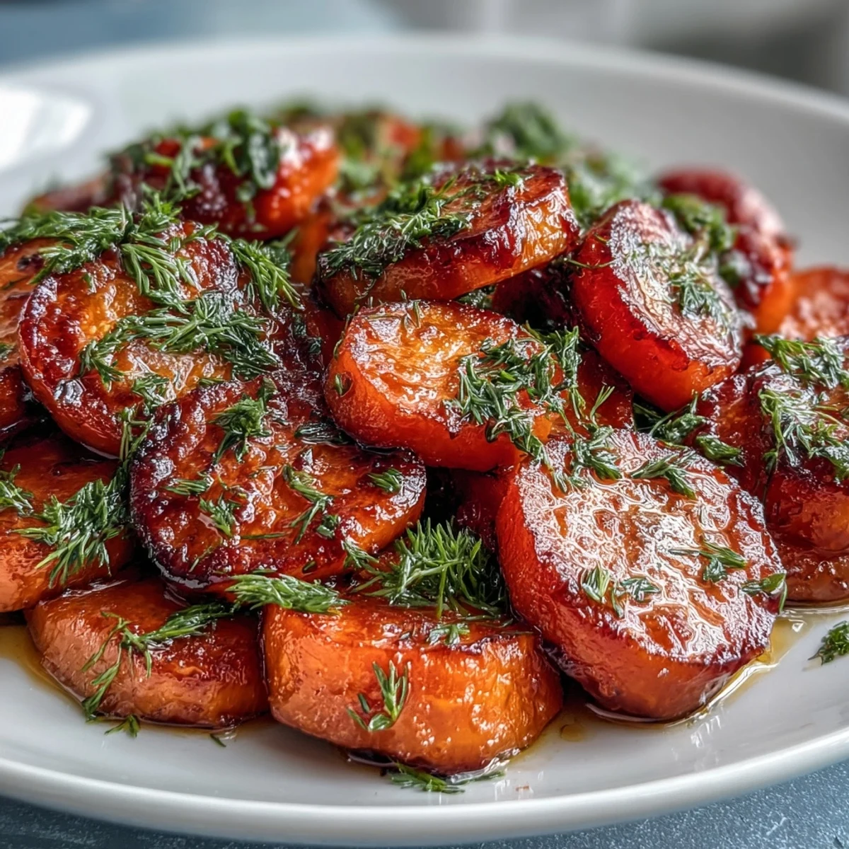 Glazed carrots with honey and orange sauce, garnished with fresh dill for a bright, flavorful side dish.