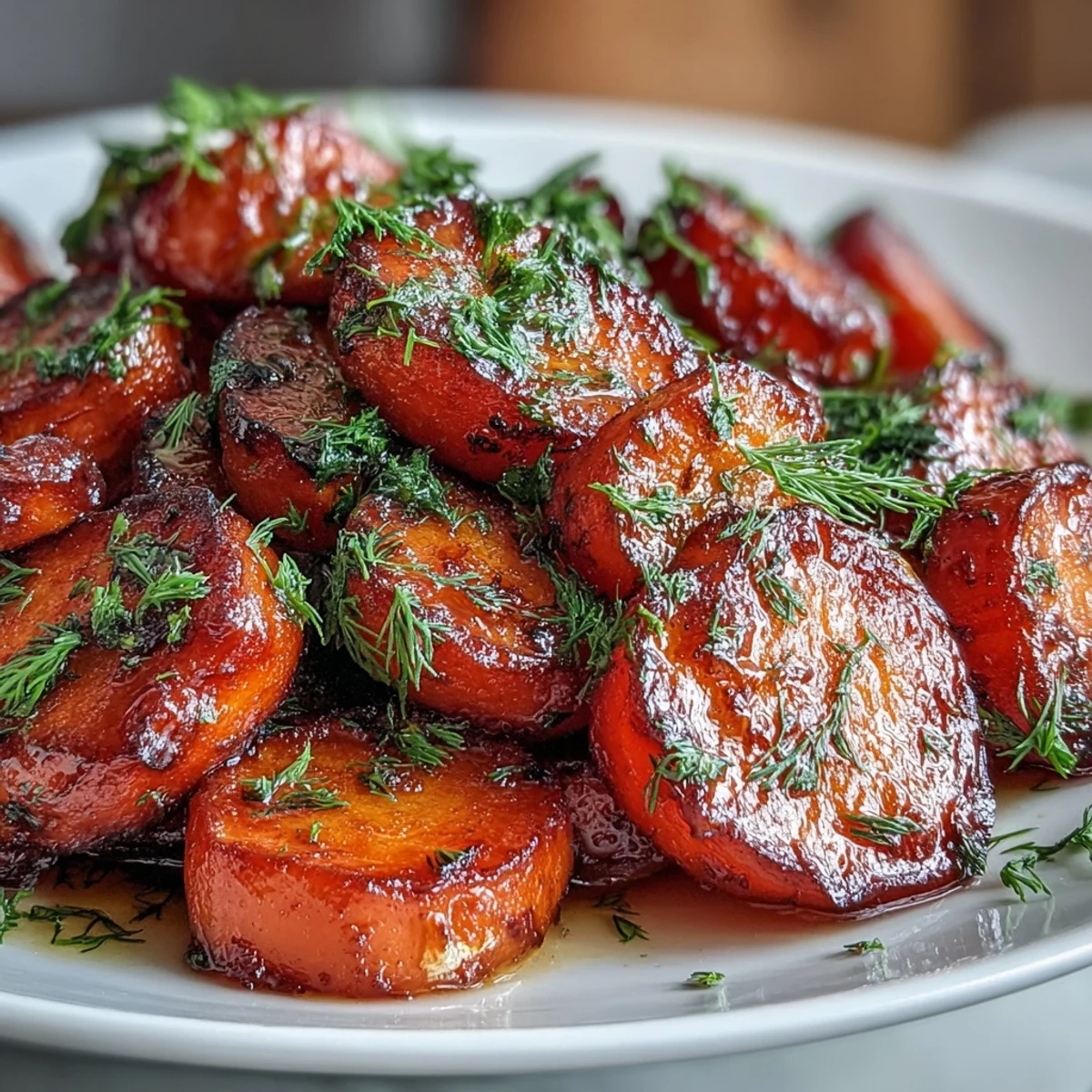 Tender carrot rounds coated in sweet orange honey glaze, finished with aromatic dill for a vibrant presentation.