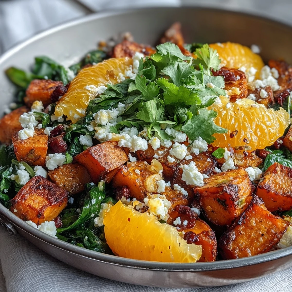 Sweet potato and orange sheet pan breakfast hash with roasted vegetables and fresh spinach.  