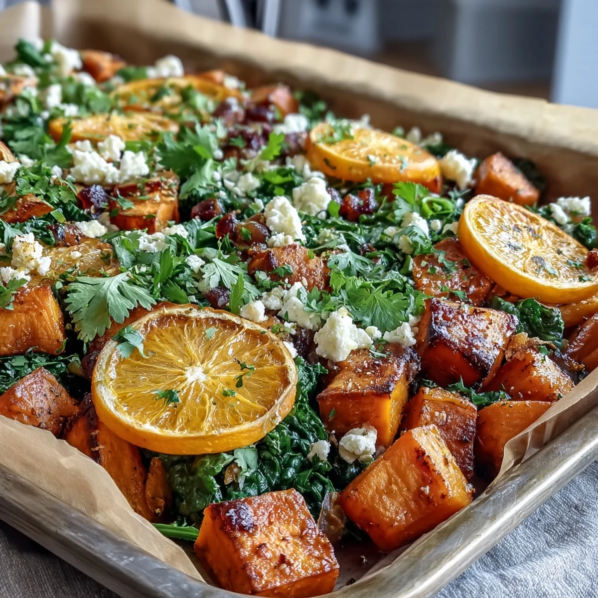Vibrant sheet pan breakfast with sweet potatoes, oranges, and spinach, topped with optional eggs and feta.
