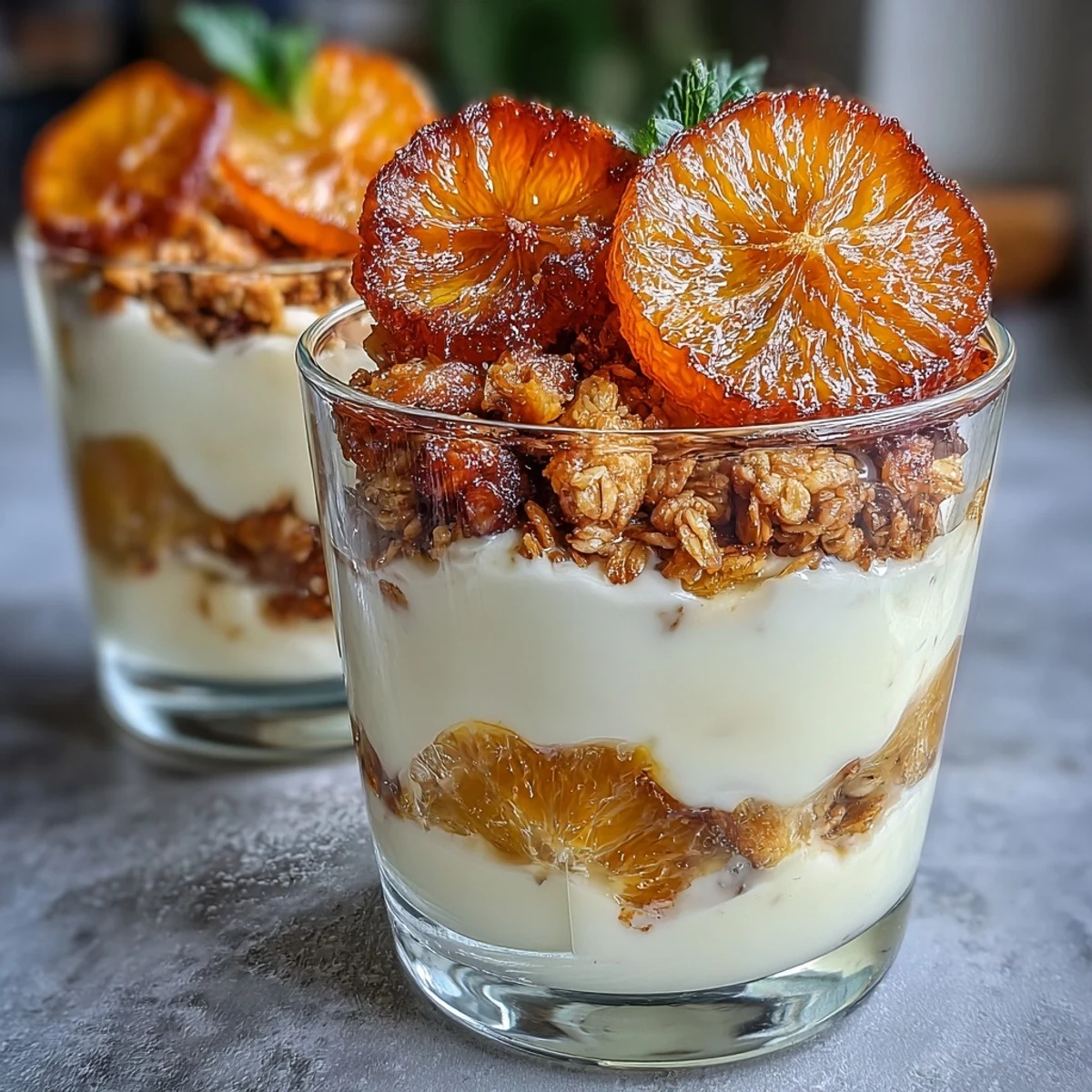 Vibrant breakfast parfait with candied orange slices, Greek yogurt, and nutty granola, topped with fresh mint for a refreshing treat.