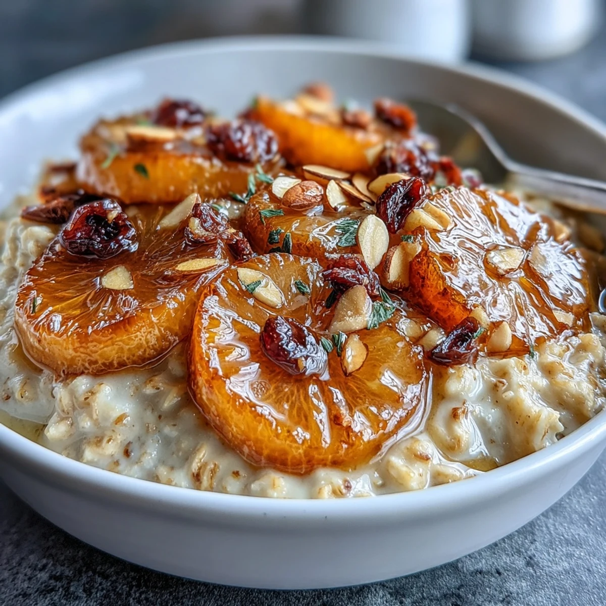 Creamy oatmeal infused with vanilla, garnished with sweet candied orange, tart cranberries, and toasted almonds for a nourishing breakfast.