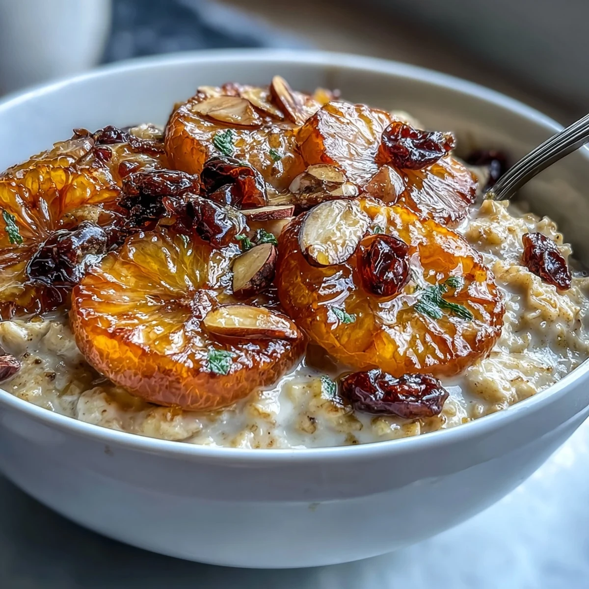 Hearty oatmeal topped with candied orange slices, dried cranberries, and golden toasted almonds, drizzled with maple syrup.