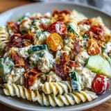Hearty cold Creamy Chicken Bacon Ranch Pasta Salad, topped with fresh chives, perfect for picnics.