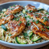 Bright lemon chicken orzo skillet with vibrant zucchini, ready to serve.