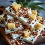 Frozen Pineapple Tajín Yogurt Bark with juicy chunks and lime zest speckles.